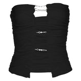 Y2K Sexy Clubwear Pearl Chain Trim Cut Out Tube Top 2000s Fashion Backless Folds Strapless Crop Tops Women Party