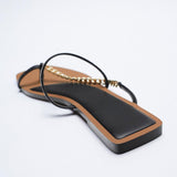 ZAR Brand 2022 New Summer Slippers Women Luxury Fashion Square Toe Metal Chain Flat-Heeled Sandals Woman Shoes Plus Size