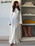 Flared Long Sleeve Round Neck Maxi Dress Women Back Lace Up Fishtail Slim Dresses Summer Fashion Lady Casual