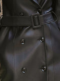 Autumn Black Waterproof Pu Leather Trench Coat for Women Long Sleeve Belt Double Breasted Autumn Designer