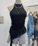 Trend Irregular Hanging Neck Dyeing Net Yarn Vest Lotus Side Ribbon Short Sleeveless Top