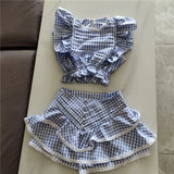 Plaid Ruffle Crop Top And Shorts Set- Outfit