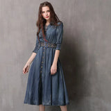 New Adult Women's Retro Dark Blue Jeanswear V-Neck Midsleeved Embroidery Belt Slimming Denim