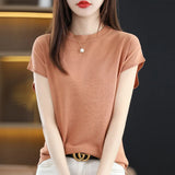T-Shirt Round Collar Bottom Top 2025 New Solid Color Loose T Ice Knitted Shirt