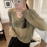 Fragrant Wind V-Collar Hollowed-Out Long-Sleeved Sweater Women's Spring And Autumn New Loose Meat Sunscreen Thin Air Conditioner