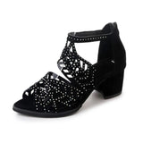 Zingj Spring And Summer Korean Version Of The Heel Fish Mouth Hollow Sandals Women Zipper Thick Heel Rhinestone Women's Shoes Plus Size- Outfit