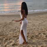 Backless High Split Knitted Long Beach Dress Woman 2022 Summer Sexy Party Night Club Sleeveless Bodycon Holiday