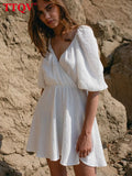 Sexy V-Neck White Summer Dresses Woman 2022 Elegant High Waist Puff Sleeve Mini Dress Casual Classic Female