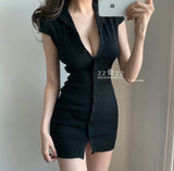New V Neck Sexy Short Sleeve Spring Slim T Shirt Knitting Mini Party Bodycon Elegant Dress Dresses Vintage
