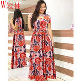 Summer New Elegant Women's Maxi Dress Bohmia Casual Flower Print Robe Fashion Hollow Out Ladies Short Sleeve Dress