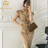 Elegant Notched Collar Dress Women Summer Casual Safari Style Single Breasted Belt Slim Waist Pocket Dresses