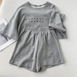 Two Piece Sets Oversized Women's Green Korean Letter Printing Short Sleeve T-shirt+Solid Casual Pants Jogging