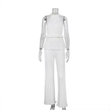 Zingj Hanging Neck Sexy Hot Girl Sleeveless Vest White Pleated High Waist Wide Leg Pants Suit Woman-Outfit