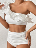New Sexy High Waist Ruffles Bikini Sets Solid White Bandeau Swimwear Women Swimsuits Bathing Suit Brazilian