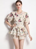 Flower Embroidery Lace Shorts Set Women Short Sleeve Hollow Out Ruffles Shirt Top+Wide Leg Shorts Summer 2 Piece