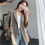 Plaid Double Breasted Women Blazer Oversized Full Sleeve Grid Female Suit Coat Elegant Autumn Women Jackets Outwear