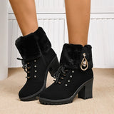 New Large Plus Velvet Warm Women's Shoes Round Head Thick Heel Short Barrel Over The Side Of The Zip
