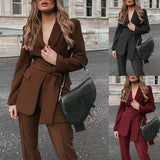 Spot 2025 Autumn And Winter Women's Fashion Thickened Senior Lace-Up Suit Trousers Suit Two