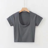 Zingj Solid Color Slim Sexy Female Short Sleeve U Collar T Shirt Basic Korean Version Short Jacket Ebay-Outfit