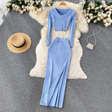 Zingj Ripe Wind Two Sets Female Summer Temperament Short Long Sleeve T Shirt Top High Waist Slim Slit Hip Long