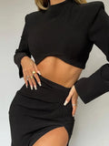 Women Fashion 2 Pieces Sets Irregular Padded Crop Tops High Split Skirts Autumn Skinny Sexy Casual Black 2022