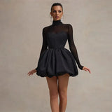Black Turtleneck Sheer Long Sleeve Satin Mini Dress- Outfit
