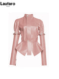 Spring Autumn Short Stylish Chic Pink Shiny Reflective Patent Pu Leather Jacket Women with Detachable Long Sleeves