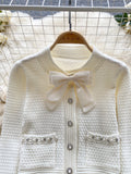 Winter Korean Style Women's Bow Knitted Sweater Cardigan Fashion Beaded Female Long Sleeve Round Neck Casual