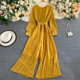 2021 New Autumn Elegant Solid Jumpsuits Women Office Lady Long Sleeve With Belt O Neck Pleated Wide Leg