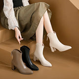 Zingj New Korean Version Of Large Size Short Tube High Heel Rear Zipper Fashion V Mouth Low Boots-Outfit