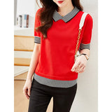 Photo Doll Collar Jacket Female Summer Ice Silk Short-Sleeve T-Shirt False Two Striped Knit Half Sleeve Small