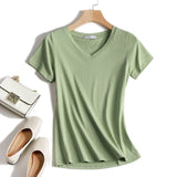 V-Neck T Shirt Women Summer Tops 2021 Short Sleeve Tshirt Female Korean Fashion Cotton T-Shirt White Plus