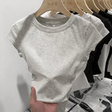 Black Round-Collar Short-Sleeved T-Shirt With A Black Round Neck Designed By European Designers Is A New Tight-Fitting, Skinny, Short-Style Blouse For Women In Spring And