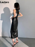 Spring Autumn Sleeveless Backless Black Stretchy Blue Soft Faux Leather Midi Tank Dress Women Slim Fit Long Dresses