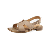 Side Head Thick Heel Low-Heeled Roman Shoes Summer Buckle With Square Toe Large Black Flat