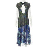 Women Short Sleeve Hollow Out Bodycon Printed See Through Midi Dress 2022 Summer Clothes Wholesale Items For