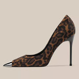 New Small Design Metallic Iron Head Leopard Tip High Heel Shoes Shallow 10 Cm Fine Heel Single Shoes