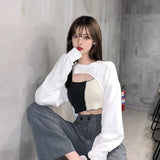 Solid Color Street Sweatshirt Casual Hoodie Cropped Top Women's O-Neck Pullover Long Sleeve Irregular Short Loose