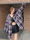 Harajuku Retro Women Oversize Plaid Shirt Spring Korean Turn Down Collar Button Long Blouse Female Long Sleeve