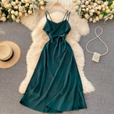 2022 Summer Women Satin Slip Dress Backless Spaghetti Strap Bow Tunic Belted Elegant Vacation Sexy Party Midi