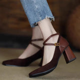 Zingj And Autumn New High Heels Female Suede Retro Square Head Thick With Cross Buckle Belt Korean Version Of Shallow Mouth Mary Jane Single Shoes Female-Outfit