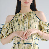 Japanese New Style Two Wear Women Vestidos 2022 Spring Robes Off Shoulder Drawstring Slim Waist Print Pleated