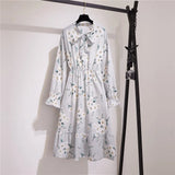 Women Casual Summer Dress Lady Korean Style Vintage Floral Printed Chiffon Shirt Dress Long Sleeve Bow Midi Summer Dress