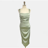 Satin Midi Dresses for Women 2023 Summer French Square Collar Suspenders Folds Korean Elegant Fashion Slim Female