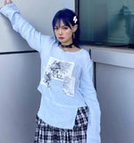 Gothic Skull Print Loose T Shirt Women Off Shoulder Long Sleeve Japanese Harajuku Thin T-shirt Korean Fashion Y2k