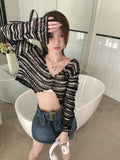 Y2k Harajuku Women T Shirt Grunge Aesthetic Crop Tops See Through Striped Vintage Tops Knit Smock E Girls Tee