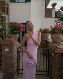Pink One Shoulder Back Tie Up Maxi Dress- Outfit