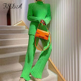 2021 Autumn Winter Long Sleeve Sweater Top Green And Pants Knitted Casual Women Two Piece Set Khaki Fashion