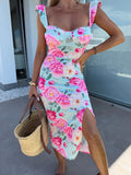 Elegant Design French Flower Sling With Open Fork Mid-Long Ladies Dress In Summer