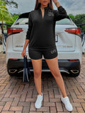 Autumn / Winter New Women's Casual Solid Color Zipper Standing Collar Print Hoodie Set